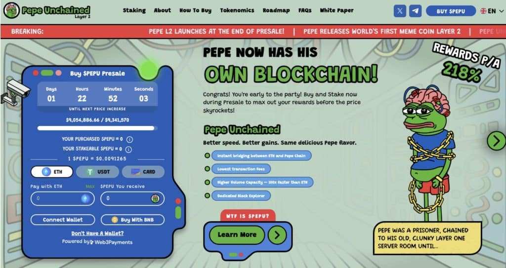 Pepe Unchained $PEPU Presale Surges Over $9 Million with Exciting $PEPE and Layer 2 Buzz